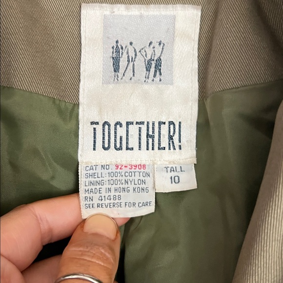 Vintage Together Khaki Green Size 10 Tall Trench Coat with Leather Accents - Picture 4 of 9